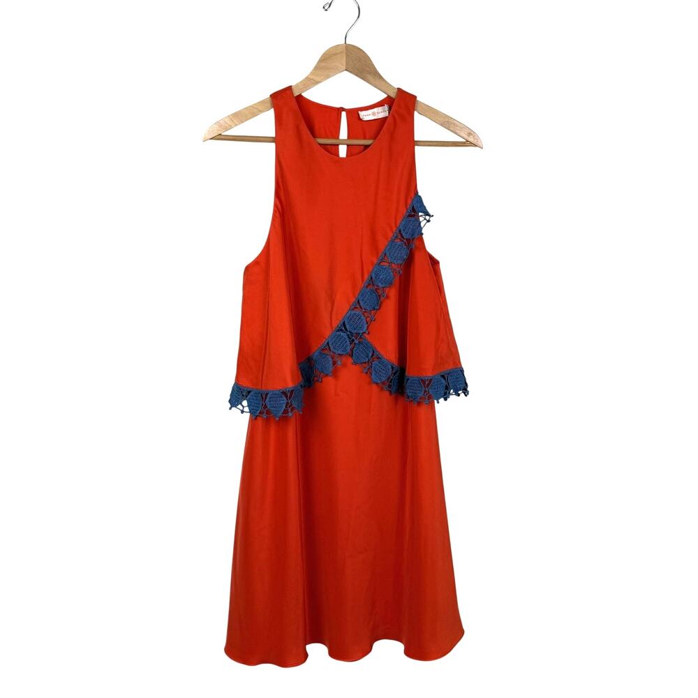 Tory Burch 100% Silk Layered Dress Size 10 Orange Blue Lace Trim A-Line